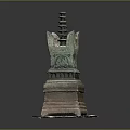 Ancient Bronze Pagoda With Multi Tiered Structure Square Base And Intricate Carvings On White Pedestal