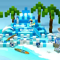 Summer Dynamic Surf Festival Scene With Surfboard Dolphin And Palm Trees