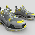Gray and Yellow Sneakers with Black Accents White Laces Thick Sole Sporty Design