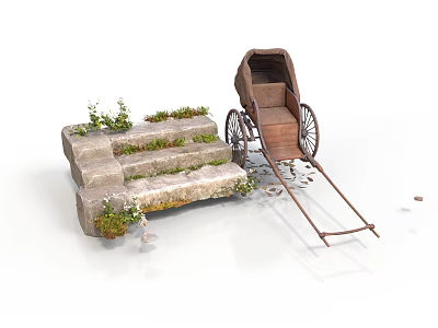 Lush Flowers and Plants Growing on Stone Steps With Old Wooden Cart 3d model