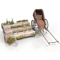 Lush Flowers and Plants Growing on Stone Steps With Old Wooden Cart