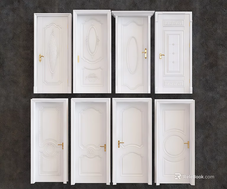 White Hinged Doors in Various Designs with Intricate Carvings and Handles 3d model 