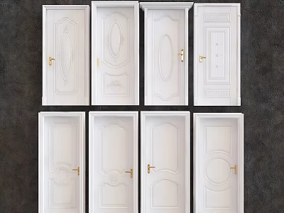White Hinged Doors in Various Designs with Intricate Carvings and Handles 3d model