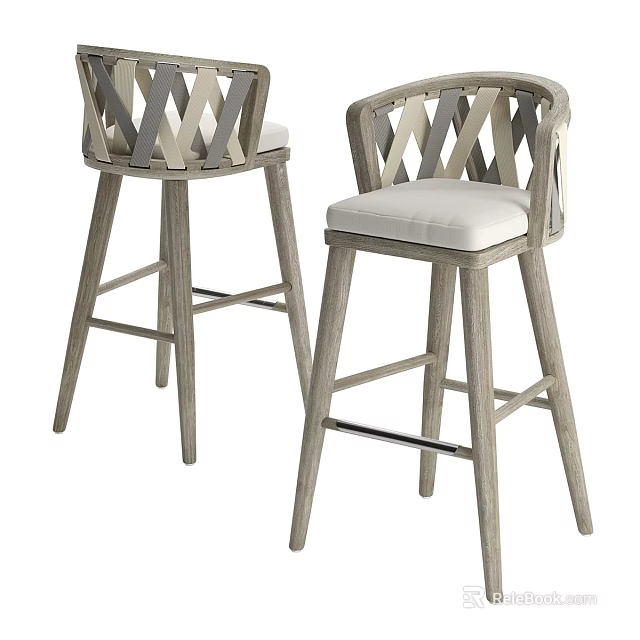 Modern Bar Stools With Woven Backrest Wooden Legs And Padded Seats 3d model 