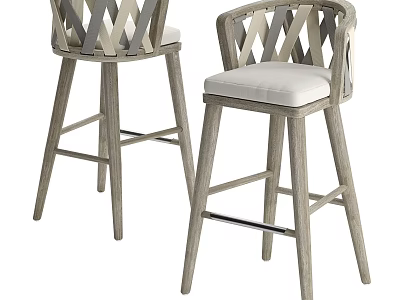 Modern Bar Stools With Woven Backrest Wooden Legs And Padded Seats 3d model