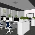 Modern Public Office Space Interior With Open Workstations Computers Green Plants And Large Windows 3d model