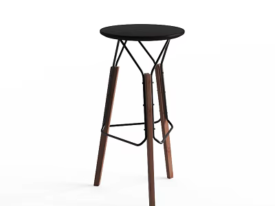 Modern Bar Stool With Black Round Seat Wooden Legs And Metal Frame 3d model