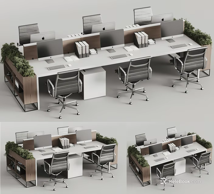 Modern Office Desk Setup With Multiple Workstations Computer Monitors Ergonomic Chairs And Green Plants 3d model 
