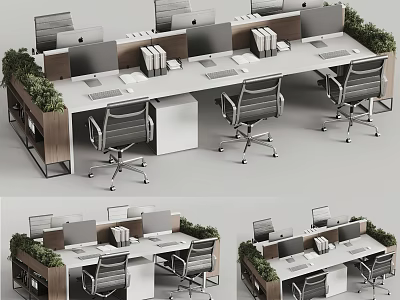 Modern Office Desk Setup With Multiple Workstations Computer Monitors Ergonomic Chairs And Green Plants 3d model