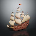 Elegant Wooden Sailing Ship With Multiple White Sails Red Flags And Intricate Structure