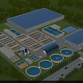 Industrial Plant Featuring Blue Roof Multiple Buildings Circular Processing Tanks Surrounding Greenery Trees And Road