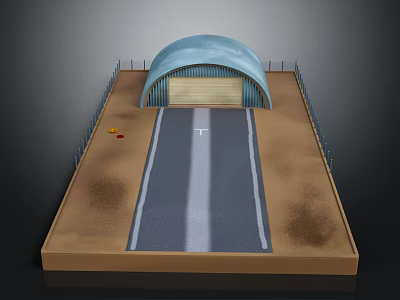 Cartoon Scene Featuring Blue Arched Structure Paved Roadway Brown Ground And Small Colorful Markers 3d model