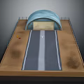 Cartoon Scene Featuring Blue Arched Structure Paved Roadway Brown Ground And Small Colorful Markers