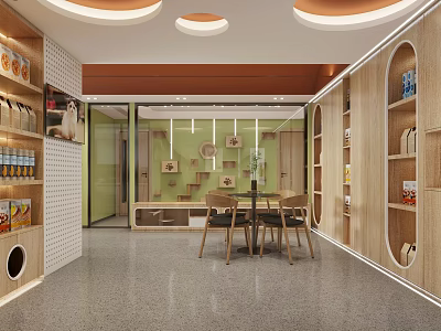 Modern Shopping Mall Retail Store Interior With Wooden Shelves Seating Area And Green Decor Elements 3d model