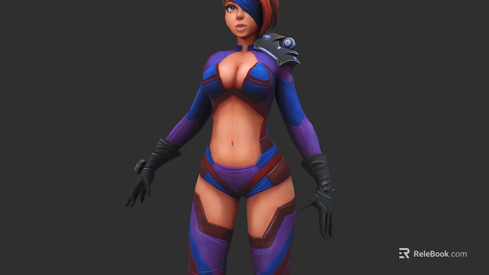 Fashionable Woman In Blue And Purple Tight Outfit With Shoulder Armor And Gloves 3d model 