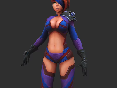 Fashionable Woman In Blue And Purple Tight Outfit With Shoulder Armor And Gloves 3d model