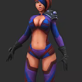 Fashionable Woman In Blue And Purple Tight Outfit With Shoulder Armor And Gloves