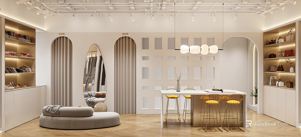 Modern Clothing Store Interior With Display Racks Mirrors And Comfortable Seating Area 3d model 
