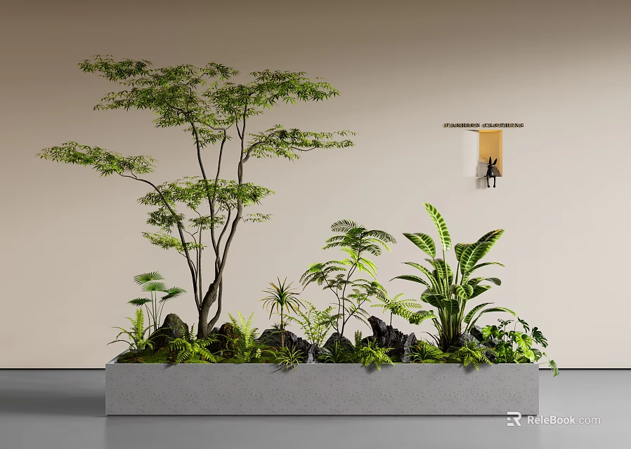 Indoor Landscape With Various Plants In Concrete Planter Against Beige Wall And Hanging Light 3d model 