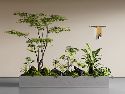 Indoor Landscape With Various Plants In Concrete Planter Against Beige Wall And Hanging Light 3d model