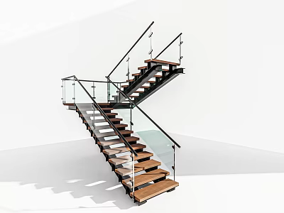 Modern Staircase Design With Glass Railing Wooden Steps And Metal Frame 3d model