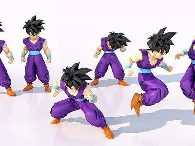 3D Anime Game Character With Purple Outfit Black Hair In Multiple Action Poses 3d model