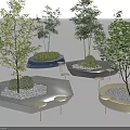 Modern Hexagonal Tree Planters with Trees Shrubs White Pebbles and Small Round Tables Stools 3d model