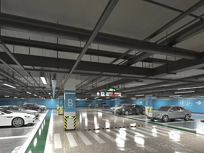 Underground Parking Garage With Cars Parking Lines Blue Columns Ceiling Lighting And Directional Signage 3d model