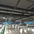 Underground Parking Garage With Cars Parking Lines Blue Columns Ceiling Lighting And Directional Signage
