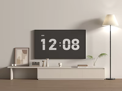 Modern White TV Stand with Black TV Floor Lamp Books and Decorative Vase 3d model