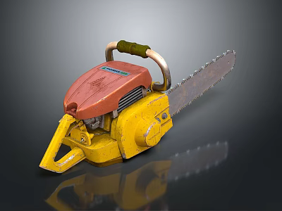 Vintage Yellow Red Chainsaw With Green Handle And Metal Chain 3d model
