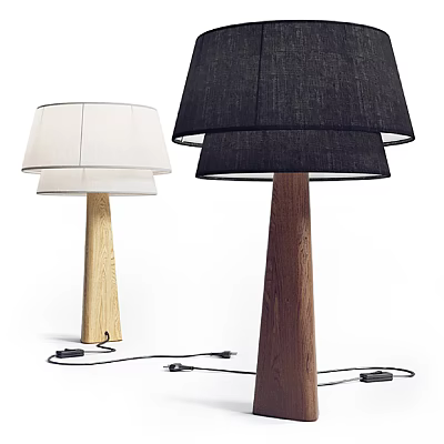 Modern Table Lamps With White And Black Fabric Shades And Light Dark Wooden Pillars 3d model