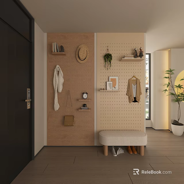 Modern Entryway With Pegboard Wall Storage And Bench Decor 3d model