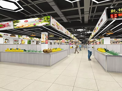 Supermarket Interior With Fresh Produce Vegetable Fruit Shelves And Customers Shopping 3d model