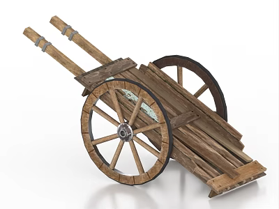 Vintage Wooden Cart With Large Spoked Wheels And Rustic Wooden Planks 3d model