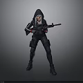 Woman In Hooded Tactical Outfit Holding Rifle Standing Against Gray Background