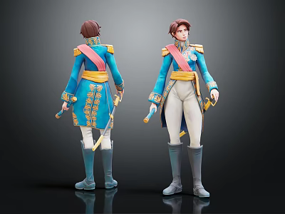 3D Character Model Front and Back Views With Blue Military Style Outfit And Sword 3d model