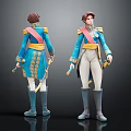3D Character Model Front and Back Views With Blue Military Style Outfit And Sword