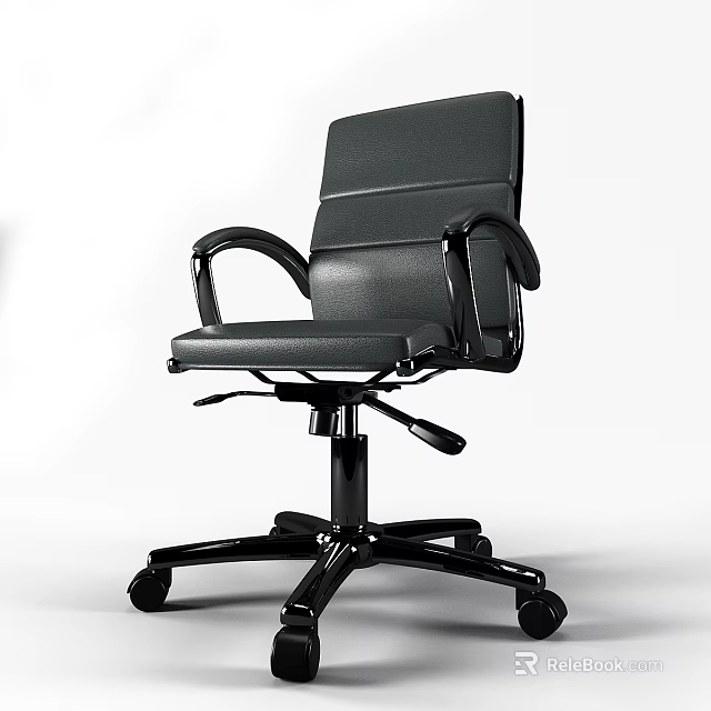 Modern Black Leather Office Chair with Adjustable Armrests Swivel Base and Rolling Wheels 3d model 