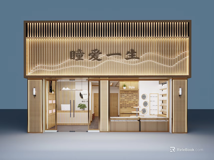 Modern Elegant Beauty Hair Salon With Wooden Grid Facade And Glass Windows 3d model 