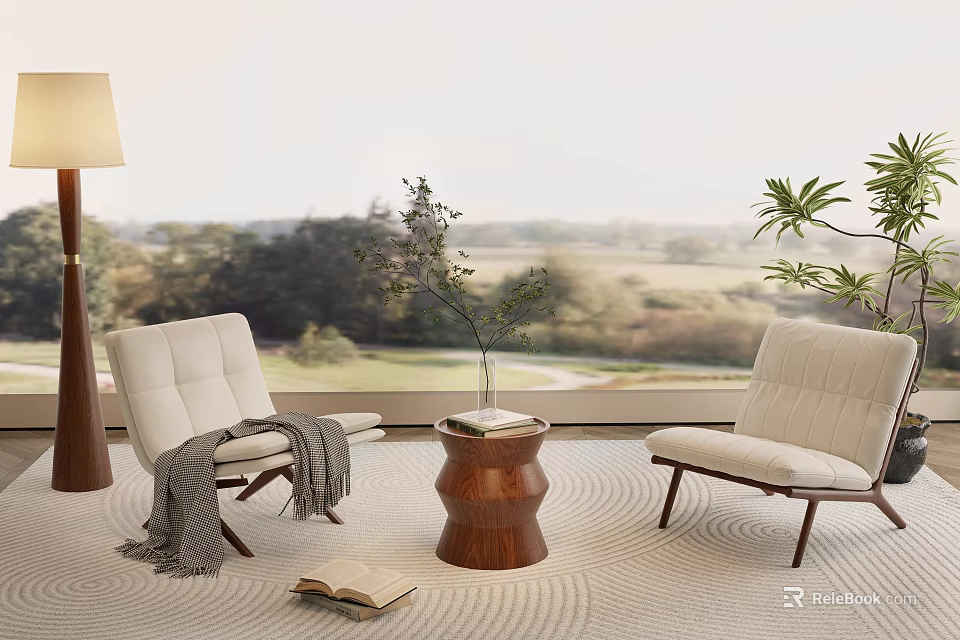 Light Colored Leisure Chairs With Wooden Legs By Window Natural View And Floor Lamp 3d model 