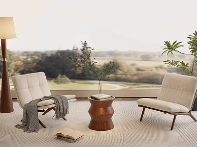 Light Colored Leisure Chairs With Wooden Legs By Window Natural View And Floor Lamp 3d model