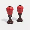 Two Red Table Lamps with Dark Carved Pattern Bases in Traditional Design 3d model