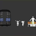Public Chair in Modern Urban Setting With Bus Shelter Yellow Table White Figure Motorcycle Stairs