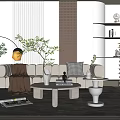 Modern Living Room Sofa And Coffee Table Set With Pillows Plants Floor Lamp And Shelves