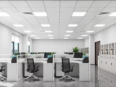 Modern Public Office Space With Well Lit Workstations Ergonomic Chairs And Storage Cabinets 3d model