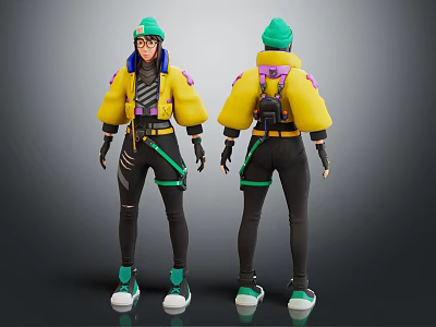 Anthropomorphic Character In Yellow Jacket Black Pants Green Hat And Backpack 3d model