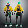 Anthropomorphic Character In Yellow Jacket Black Pants Green Hat And Backpack 3d model