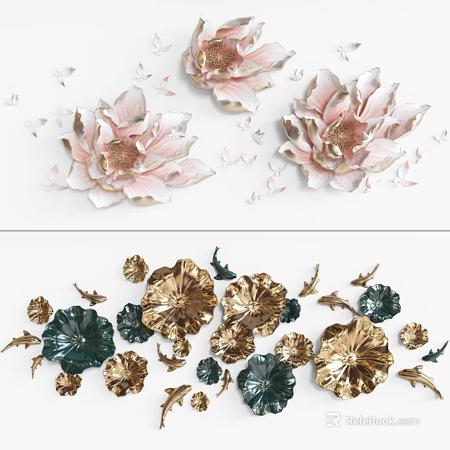 Floral Wall Decor With Pink And Gold Petals And Sculptural Leaf Ornaments 3d model 