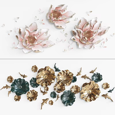 Floral Wall Decor With Pink And Gold Petals And Sculptural Leaf Ornaments 3d model